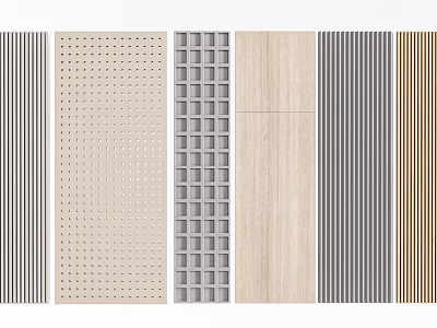 Various Textured Wall Panels With Striped Perforated Grid And Wood Grain Designs 3d model