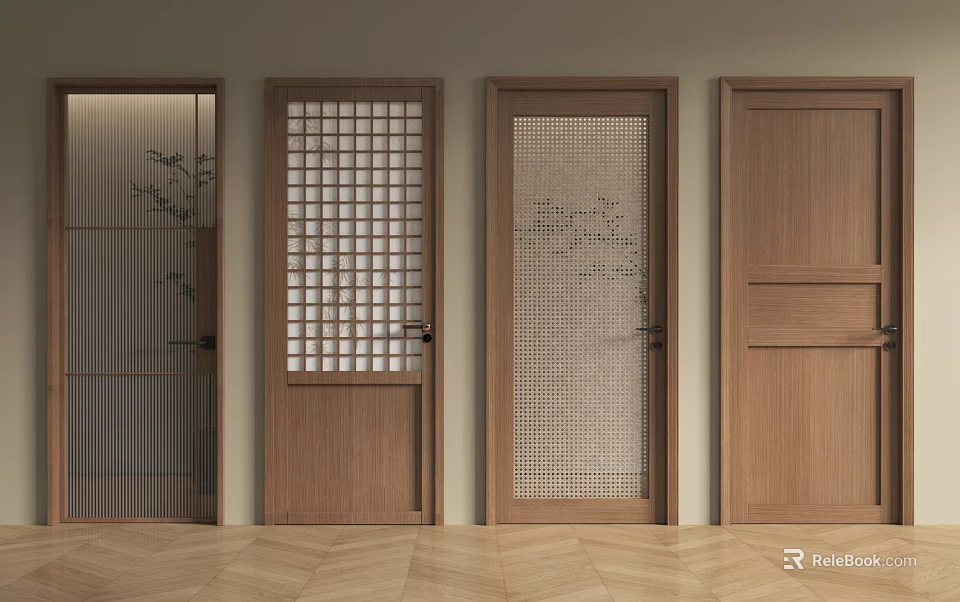 Modern Wooden Hinged Doors With Various Decorative Grid And Screen Patterns 3d model