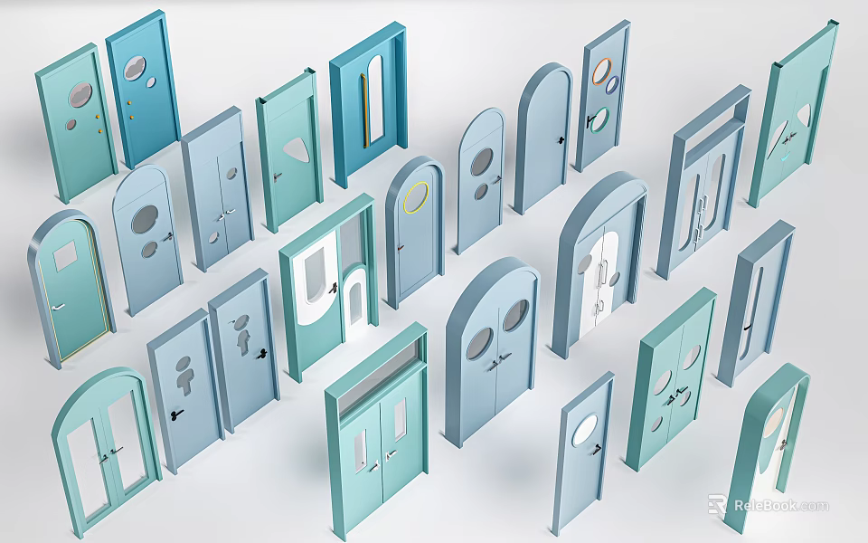 Diverse Modern Storefront Doors Featuring Multiple Shapes And Light Blue Tones 3d model