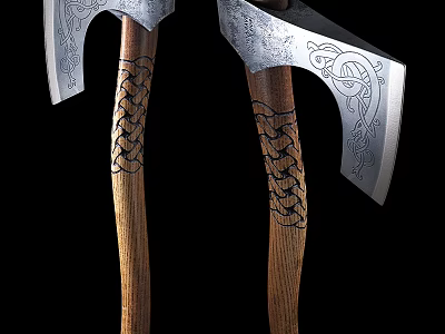 Traditional Battle Axes With Metal Blades Wooden Handles And Carved Patterns 3d model