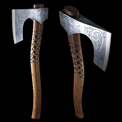 Traditional Battle Axes With Metal Blades Wooden Handles And Carved Patterns 3d model Traditional Battle Axes With Metal Blades Wooden Handles And Carved Patterns 3d model