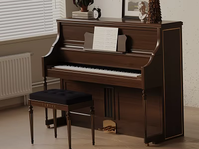 Elegant Brown Upright Piano With Music Sheet Bench And Decorations In Room Interior 3d model