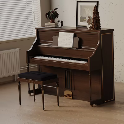 Elegant Brown Upright Piano With Music Sheet Bench And Decorations In Room Interior 3d model