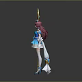 Woman in blue white dress with pink hair holding golden staff with heart blue gem