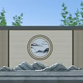 Chinese Landscape Wall With Circular Landscape Painting Rockery Stones Green Trees And Blue Sky