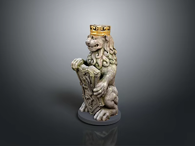 Detailed Stone Lion Statue Wearing Golden Crown Holding Shield On Gray Base 3d model