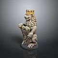 Detailed Stone Lion Statue Wearing Golden Crown Holding Shield On Gray Base