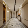 Elegant Hotel Corridor Interior With Patterned Carpet Beige Paneled Walls And Decorative Console Table 3d model