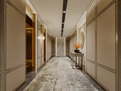 Elegant Hotel Corridor Interior With Patterned Carpet Beige Paneled Walls And Decorative Console Table 3d model
