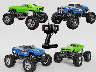 Green and Blue Electric Toy Remote Control Monster Trucks with Off Road Design and Controller 3d model
