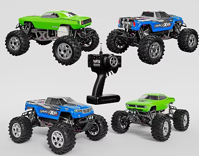 Green and Blue Electric Toy Remote Control Monster Trucks with Off Road Design and Controller 3d model