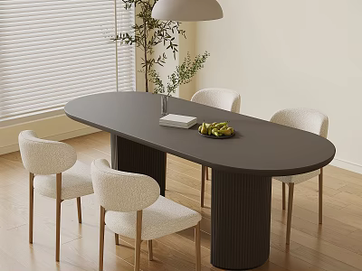 Modern Oval Dark Dining Table Set With Light Upholstered Chairs Green Plants And Fruit Bowl 3d model