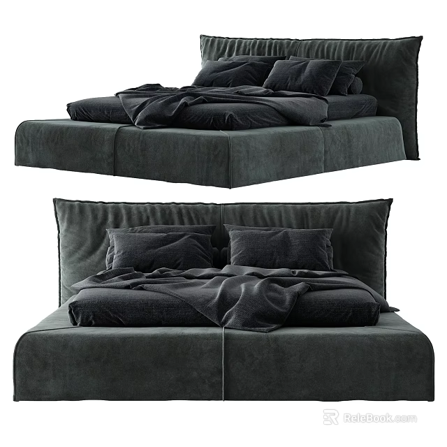 Modern Dark Gray Double Bed With Velvet Upholstery And Soft Bedding Design 3d model 