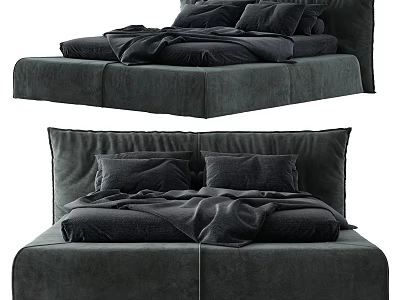 Modern Dark Gray Double Bed With Velvet Upholstery And Soft Bedding Design 3d model
