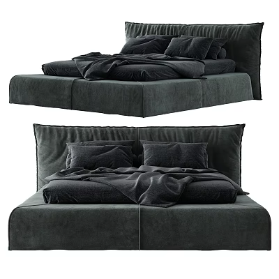 Modern Dark Gray Double Bed With Velvet Upholstery And Soft Bedding Design 3d model