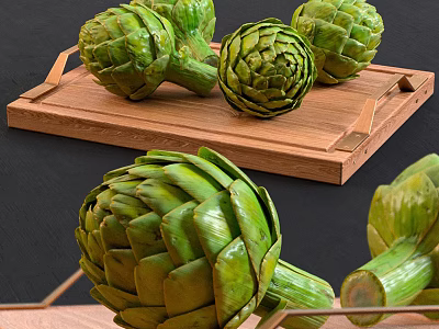 Fresh Green Artichokes Arranged on a Wooden Serving Tray Surface 3d model
