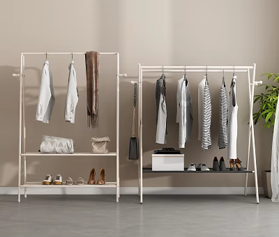 Stylish Clothing Racks In Minimalist Interior Displaying Clothes Shoes Bags 3d model