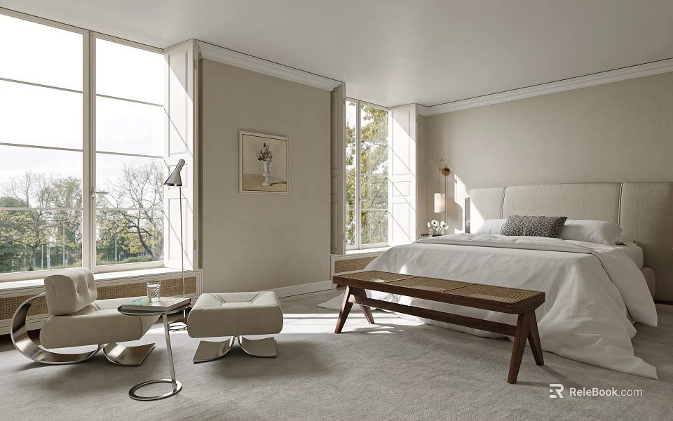 Modern Serene Bedroom Interior with White Bed Gray Pillow Large Windows Wooden Bench and Chair 3d model 