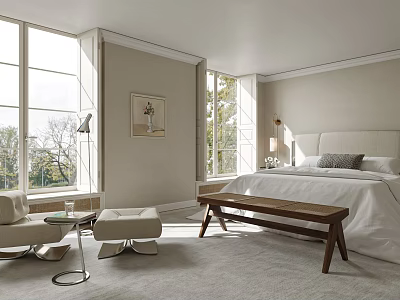Modern Serene Bedroom Interior with White Bed Gray Pillow Large Windows Wooden Bench and Chair 3d model