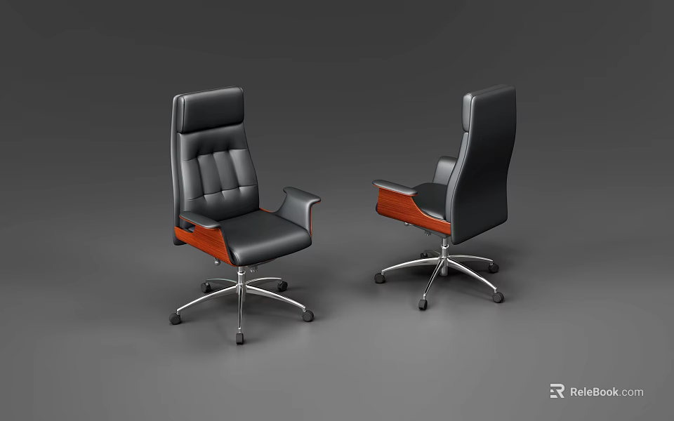 Modern Black Leather Office Chair With Wooden Armrests And Swivel Base 3d model 