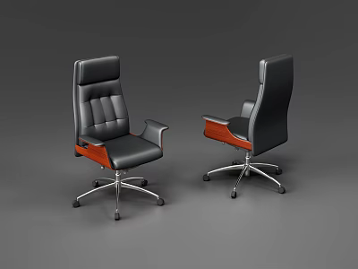 Modern Black Leather Office Chair With Wooden Armrests And Swivel Base 3d model