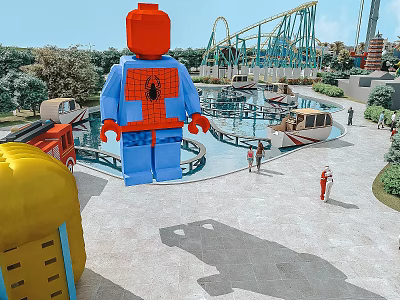 Amusement Park With Lego Spiderman Roller Coaster And Water Area 3d model