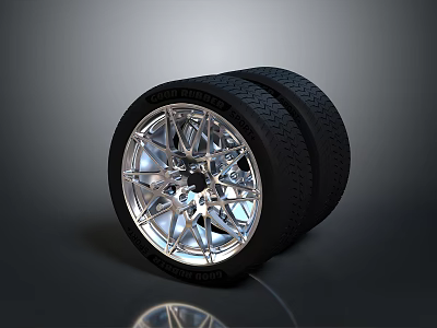Black Vehicle Tires With Silver Alloy Rims Stacked On Gray Background 3d model