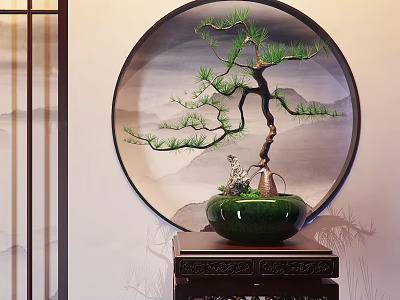 Traditional Pine Bonsai Tree in Green Ceramic Pot on Wooden Stand with Circular Frame 3d model