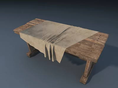 Rustic Wooden Public Bench With Wrinkled Beige Fabric Covering Outdoor Space 3d model