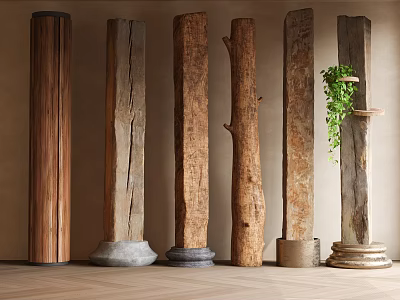 Wooden Pillars With Various Textures Different Bases And A Green Plant In Indoor Decor 3d model