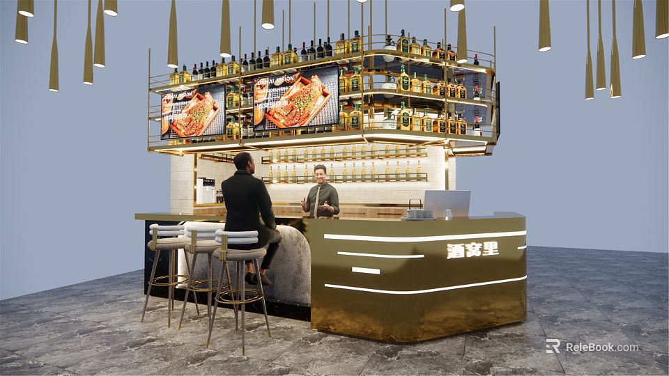 Modern Bar Interior With Golden Counter Wine Bottles Screens And High Stools 3d model 