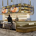 Modern Bar Interior With Golden Counter Wine Bottles Screens And High Stools