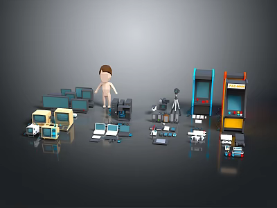 Assorted Entertainment Electronics Collection With Small Figure Featuring Computers Laptops And Cameras 3d model