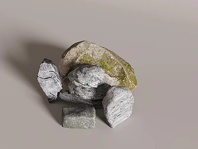 Natural Stones And Wood Pieces Showcasing Various Shapes Sizes And Mossy Textures 3d model