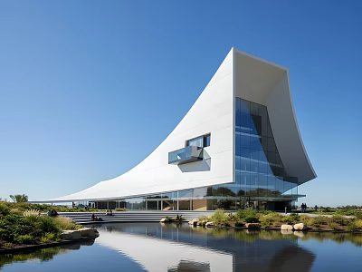 Modern Cultural Center Building Featuring Streamlined White Roof Glass Curtain Walls Water Reflection And Greenery 3d model