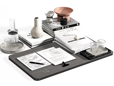 Stacked Books Magazines On Black Tray With Open Notebook Pen Folder And Decorative Items 3d model