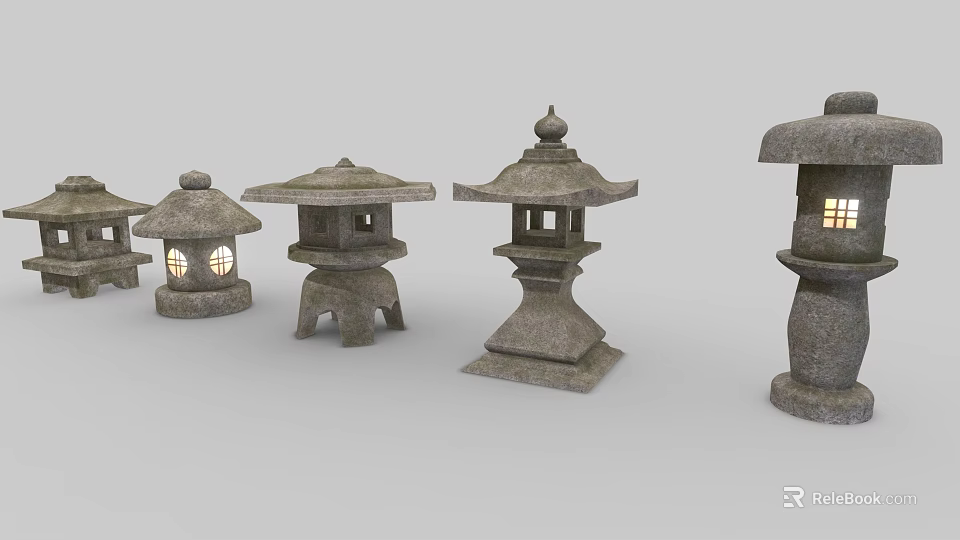 Traditional Japanese Stone Lanterns In Various Styles With Carved Patterns And Illuminated Glow 3d model 