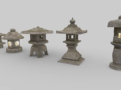 Traditional Japanese Stone Lanterns In Various Styles With Carved Patterns And Illuminated Glow 3d model