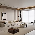 Modern Minimalist Living Room Interior With Beige Sofa Black Armchair And Floor to Ceiling Windows