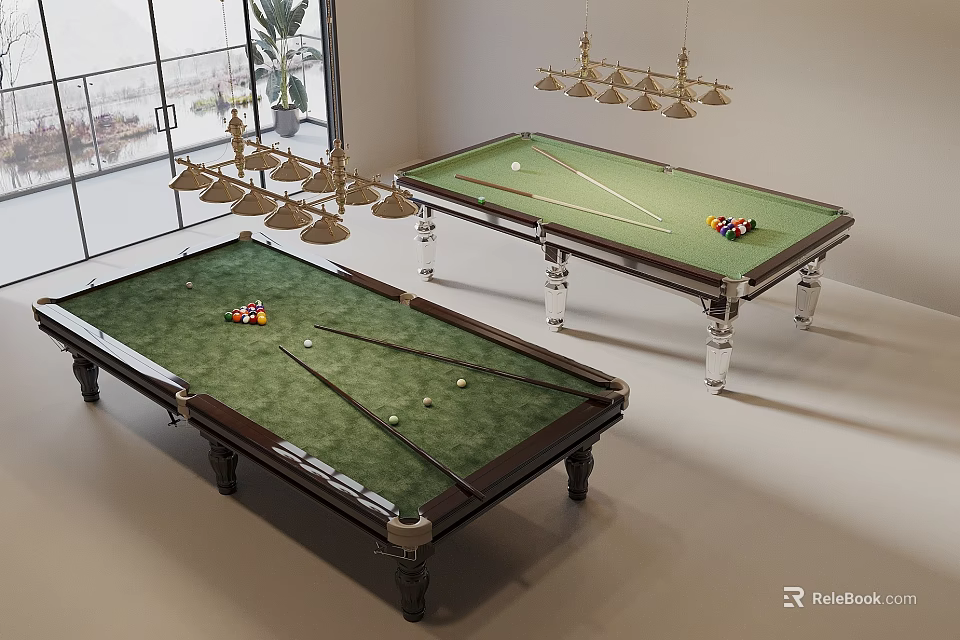 Spacious Billiard Room Interior With Two Green Felt Tables And Brass Chandeliers 3d model 