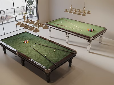 Spacious Billiard Room Interior With Two Green Felt Tables And Brass Chandeliers 3d model