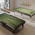 Spacious Billiard Room Interior With Two Green Felt Tables And Brass Chandeliers