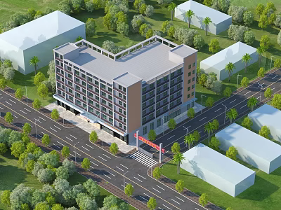 Multi Story Modern Residential Building Surrounded by Green Trees and Lawns Near Street 3d model