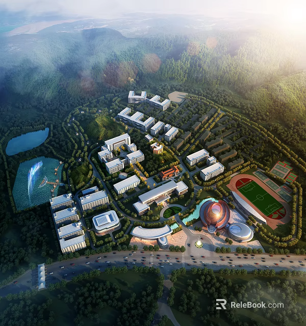 Modern School Campus with Multiple Buildings and Sports Field in Mountainous Green Surroundings 3d model 