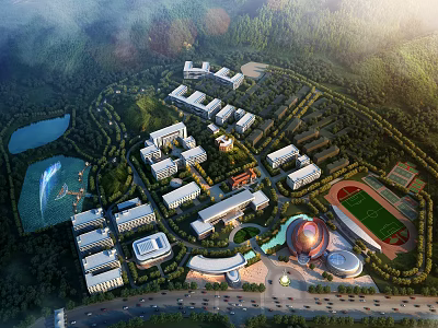 Modern School Campus with Multiple Buildings and Sports Field in Mountainous Green Surroundings 3d model