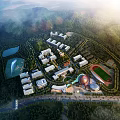 Modern School Campus with Multiple Buildings and Sports Field in Mountainous Green Surroundings