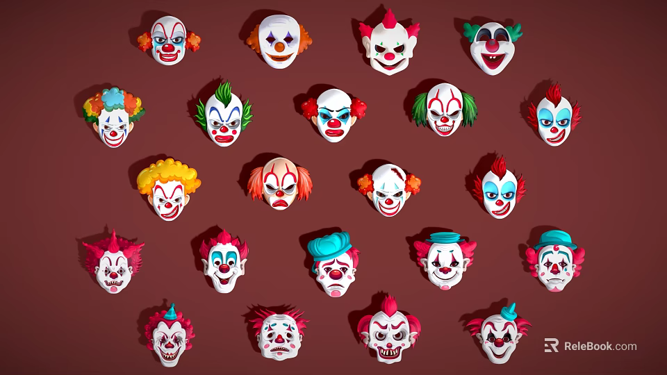 Colorful Clown Masks With Different Designs And Expressions Arranged On Brown Background 3d model 