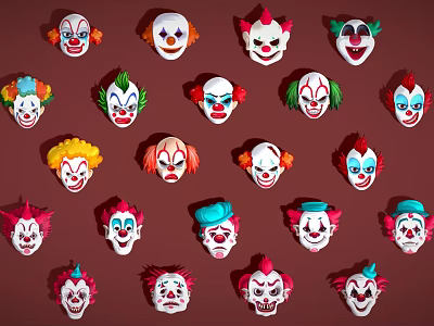Colorful Clown Masks With Different Designs And Expressions Arranged On Brown Background 3d model