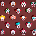 Colorful Clown Masks With Different Designs And Expressions Arranged On Brown Background