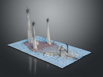 Scenic Landscape Featuring Three Star Topped Tall Spires On Blue Terrain With Rocky Platform 3d model